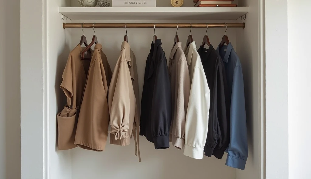 A small, carefully curated wardrobe with only a few high-quality garments hanging neatly. The aesthetic is clean and intentional, symbolizing financial minimalism and the principle of buying less but choosing better.