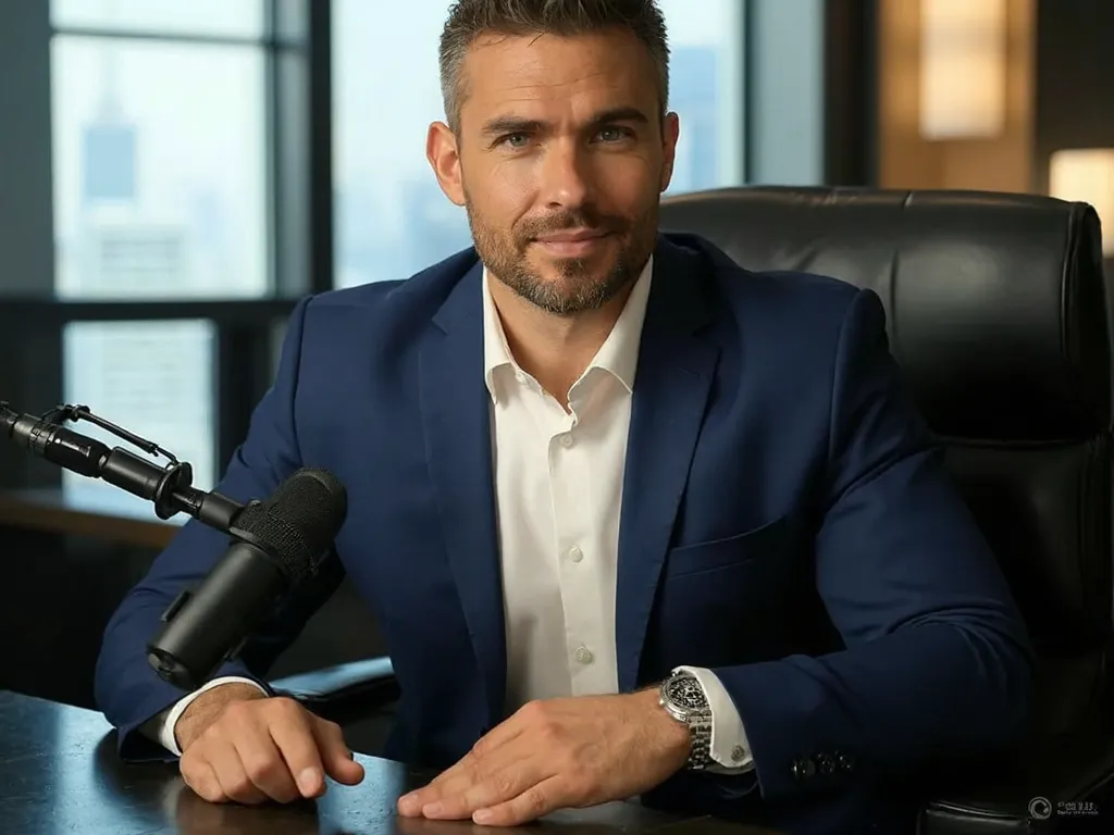 A modCreate a high-quality, professional portrait of Samuel Kairos, an influential 35-year-old podcast host:

- Setting: Luxurious, modern podcast studio with state-of-the-art equipment
- Background: Floor-to-ceiling windows showcasing a stunning city skyl...