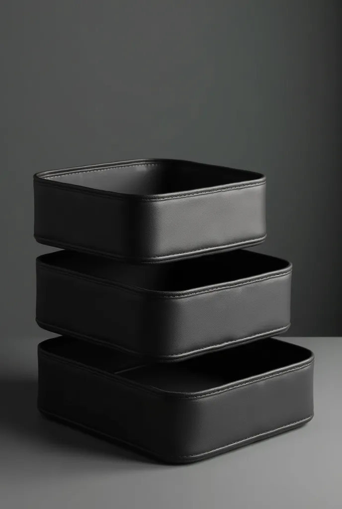 Make me a cosmetics box that is three-story that has a lid but that is not a zipper and that the size of the three boxes is the same as a black tone