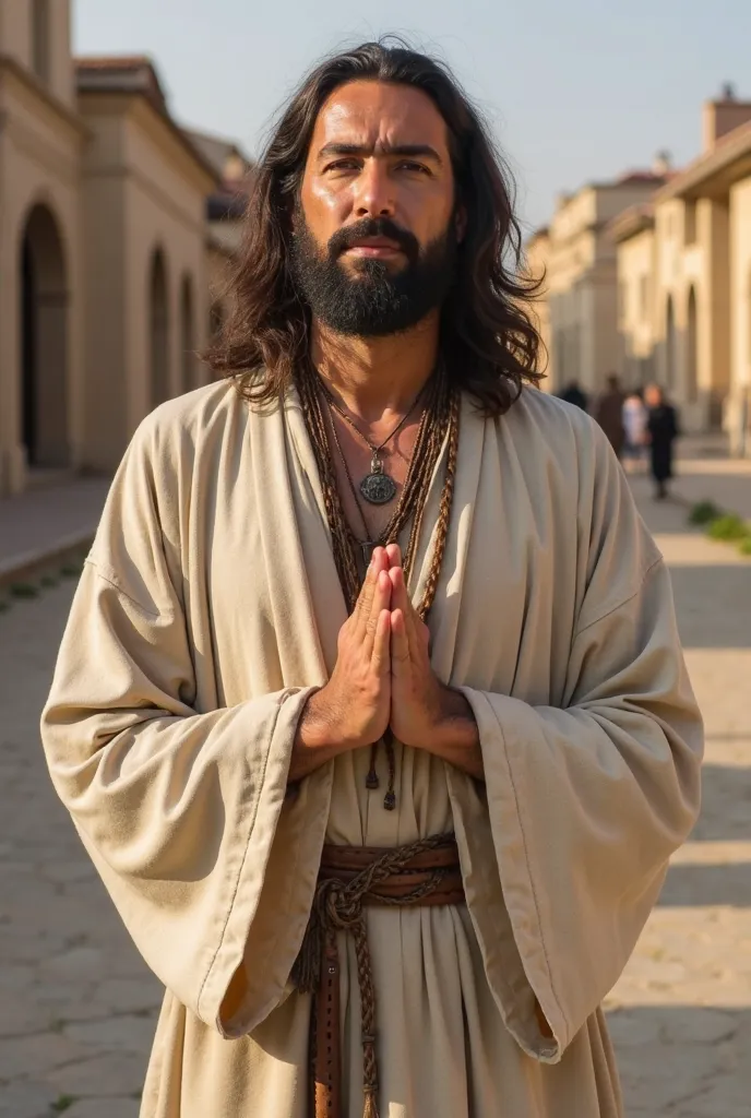  A man of serene and spiritual appearance , with long hair and beard, wearing an antique-style beige tunic with wide sleeves.  He holds his hands together in prayer , transmitting peace and devotion. Around the neck, he wears necklaces with leather cords a...