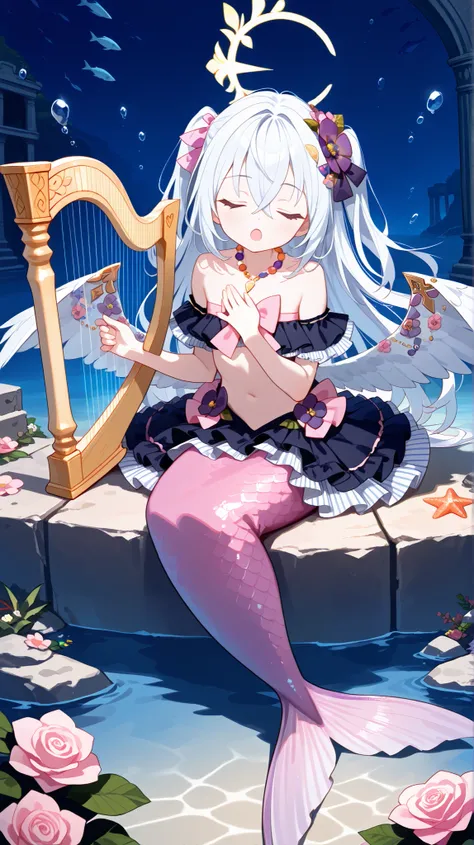 azusa \(blue archive\), 1girl 1other alternate_costume, angel_wings, bare_shoulders, blush, collarbone, feathered_wings, flower, hair_between_eyes, halo, long_hair, looking_at_viewer, small_breasts, pink_flower, pink_rose, purple_eyes, rose, solo_focus, ve...