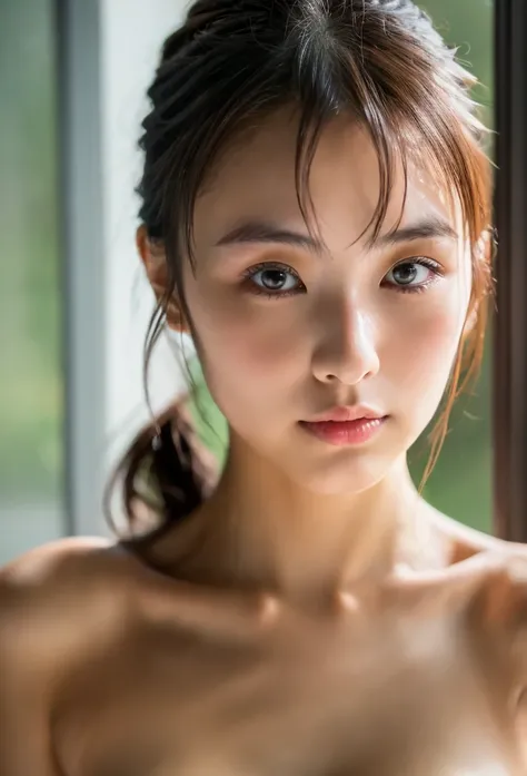 RAW photo, 4K, a sexy japanese woman, beautiful face, naked, early morning, window