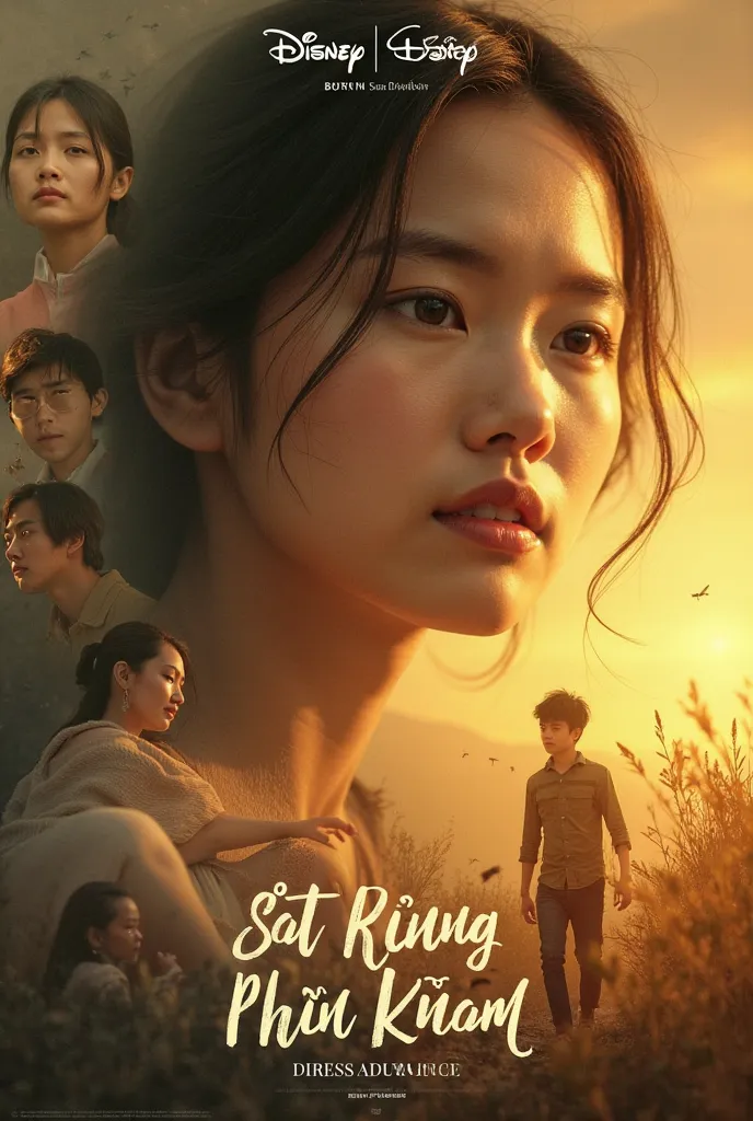 The poster should have a cinematic and nostalgic look, inspired by the 'Đất Rừng Phương Nam' movie poster. The main subject should be placed at the center, with a close-up portrait to emphasize emotion. Around the main subject, there should be a collage of...