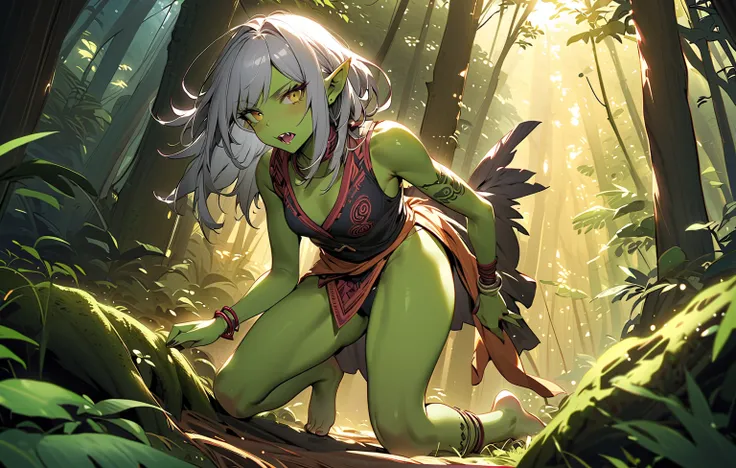 GRAY-HAIRED GREEN SKIN GIRL， Goblin ，Flat chest，Small individuals， Slim Fit， Sleeveless Vest，thong， Bare Thighs，Pointed nails，Fangs，Tattoo，forest， stands，full body