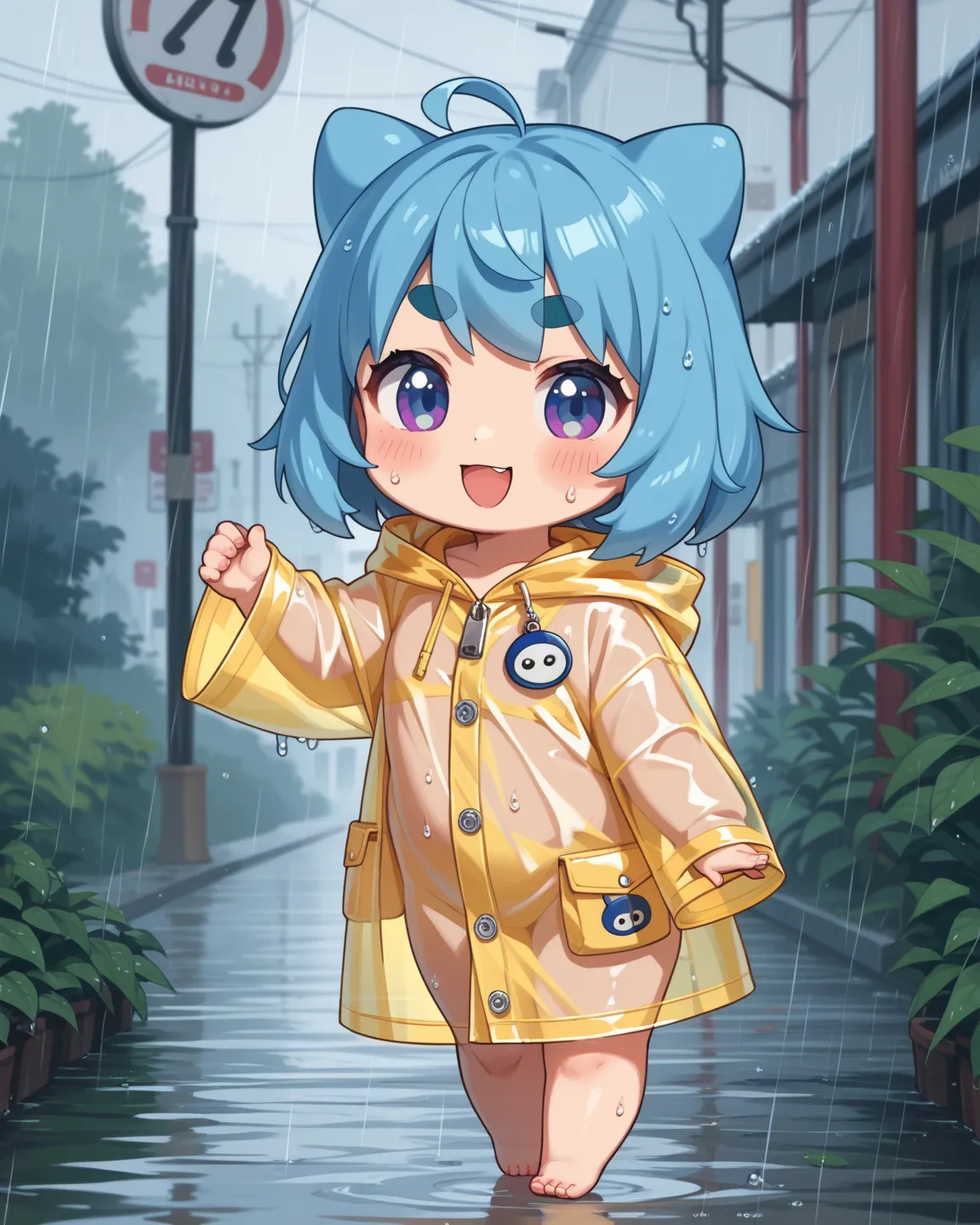 chibi kawaii anime , petit girl , curvy , Thick eyebrows , Vinyl raincoat over naked body