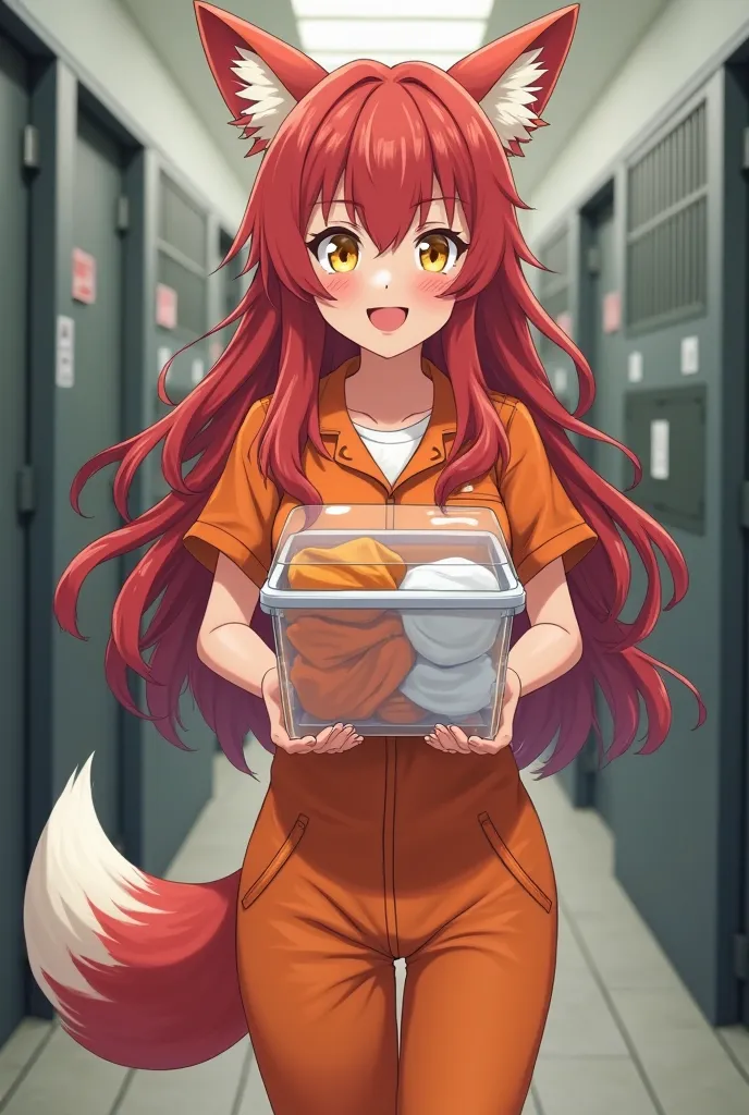 the adult prisoner fox women, red long wavy hairstyle, yellow eyes, she hold a clear plastic box and white and orange cloths inside, orange prison jumpsuit, looking at viewer, happiness, blush, walking, inside prison hall, another hands in prison cells, an...