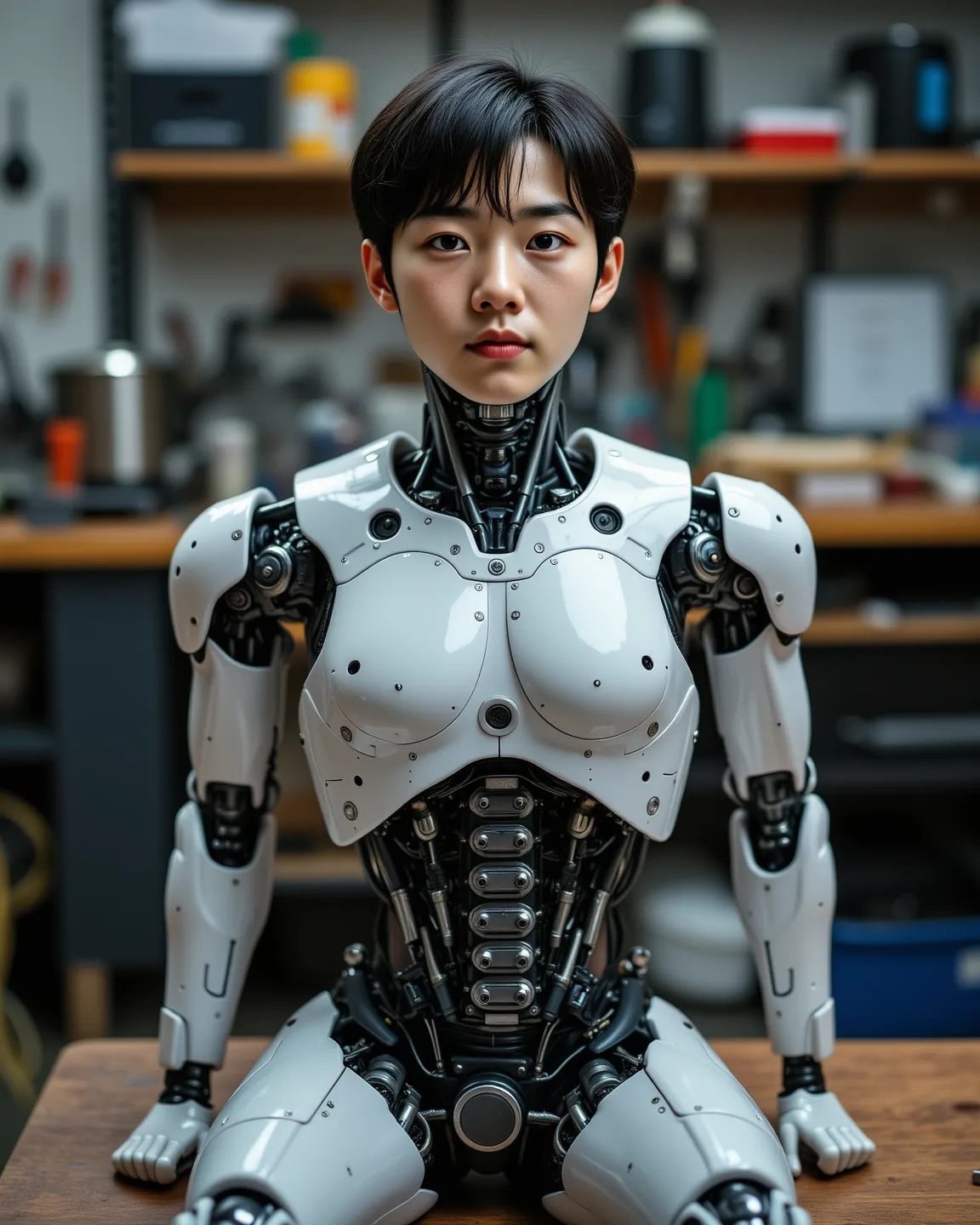 A college student is assembling a humanoid robot that looks like a Korean male star with only his upper body，Life-sized，Robot lying flat on workbench，welds，Human Face，Abdominal fullness，Chest Full ，Artificial skin