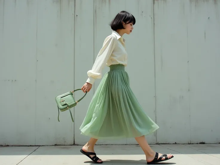 general plane. A young woman with a short dark haircut, wearing an elegant outfit in shades of pastel green — a blouse with a collar and a collar slightly long sleeves translucent and a matching midi skirt—. She carries a small bag of the same tone in her ...