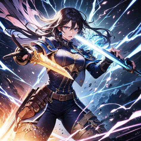 Strong Swordsman Using High Quality Blue Lightning,blue combat uniform,Invincible Sword Technique,Overwhelming Power and Speed, Exquisite Faces ,sharp eyesight, serious expression,Battle Pose,Powerful Sword Waving,Lightning Attack Production,Blue Lightning...