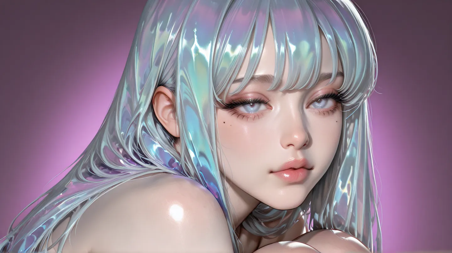  masterpiece, 最high quality, high quality, very aesthetic,  is ridiculous,  latest, 1 girl, Alone, longhair,  crystal clear aurora color hair, long hair, plump lips ,small mole under eye, pale skin,  portrait, nose, realistic, cinematic lighting,  white ba...