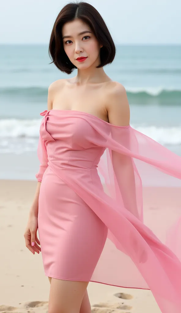 an office lady,  is playing on the beach ,  front facing,  eyes open, use a transparent long beach dress of pink color, big boobs,  ideal body shape, red lips, short dark hair