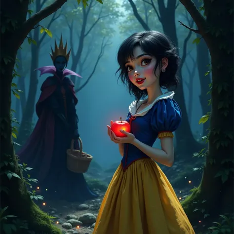 "A young woman with snow-white skin, black hair and red lips , wearing a classic blue and yellow dress, holding a bright apple . She is in a magical and dark forest, with rays of light piercing through the tall trees. In the background, the silhouette of t...