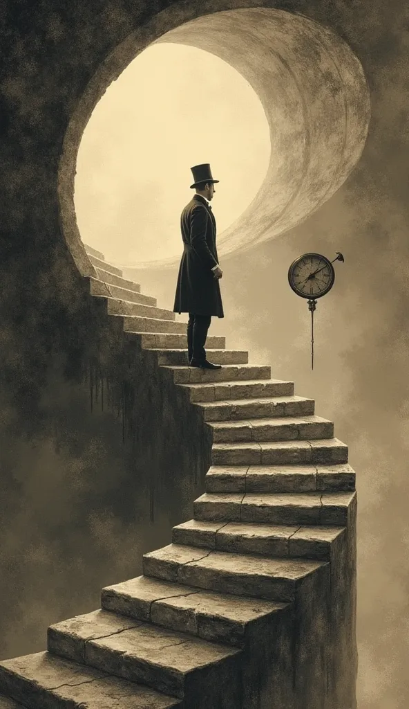 "Vintage style illustration, inspired by 19th century engravings, with sepia tones and black and white.  in the center, an elegant 19th century man, dressed in a long overcoat and top hat, is on the edge of an infinite spiral staircase, looking down with a...