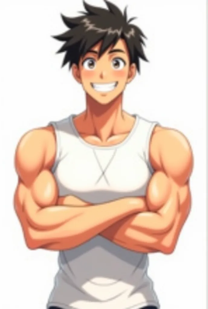 "An anime-style 2D illustration of a age boy, around 17-18 years old, with a muscular and well-defined physique. He is wearing a white sleeveless shirt that highlights his strong arms. He is facing forward with an exaggerated, friendly smile, giving him a ...