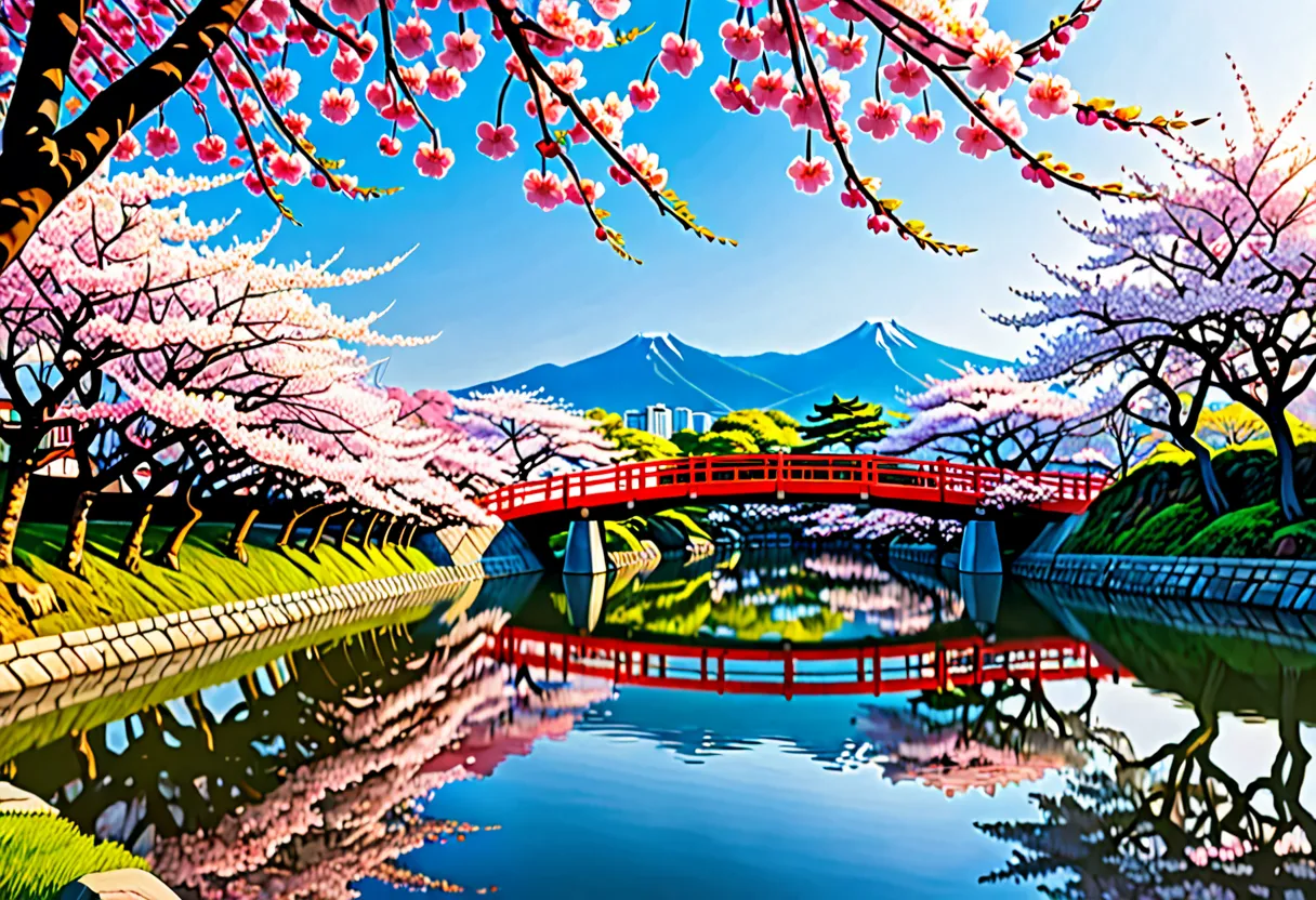 View of the bridge over the river with pink flowers, Dynamic lighting for the cherry blossom season,  View of a pond reflecting Japan's nature , Cherry Treeの下で, Cherry Blossoms, Cherry blossoms bloom, VERY PRETTY PICTURES , Cherry Blossom, Cherry Blossom t...