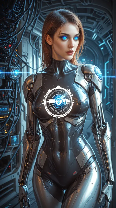  realistic image .  details, runs away from the mountain High quality,  realism; symbiosis of a woman with a spaceship seat;  cybernetic body, cybernetic tubes,  cybernetic eyes , Salma Hayek Face, cybernetic hair; control devices,  synthetic , space, holo...