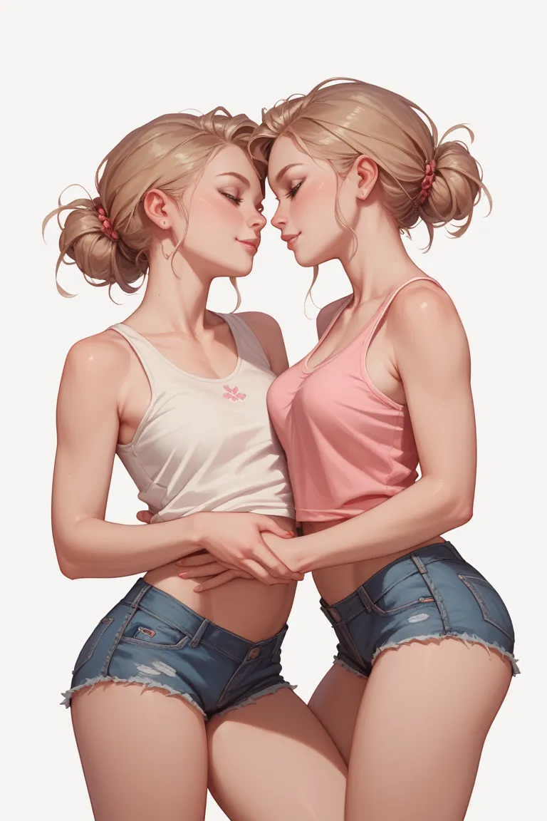 2 girls, size, beautiful, adorable, twins, both wearing tank top and no shorts nor panties, both exposed vaginas, both touching each other's boobs, plain background, uncensored