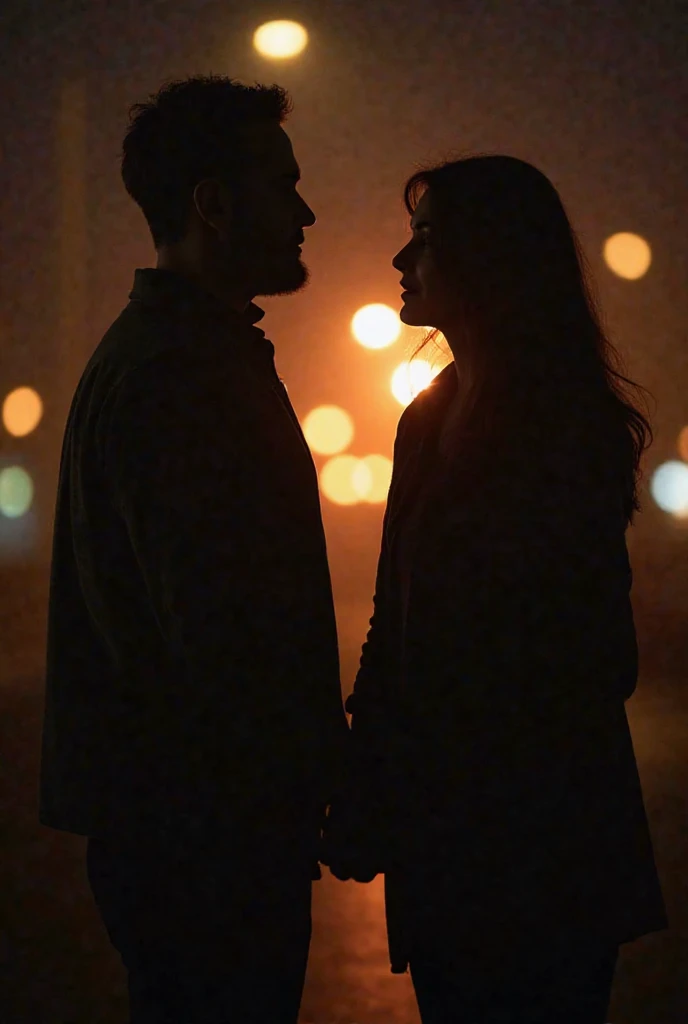 Silhouette Reverie
：Silhouette portrait of a man and a woman in high contrast, positioned slightly off-center against the background of bright bokeh lights . A soft light highlights both of them, farewell scene with each other holding hands, The atmosphere...