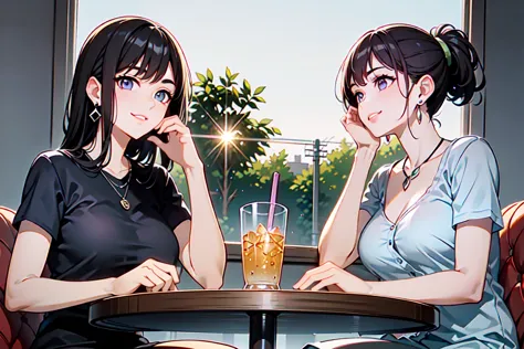 Two women are having fun eating while having a conversation at a restaurant,not looking at the camera,Salad on the table、drink,View from below,Woman on the Right :Look left、manicured eyebrows、 rich breasts、 style、in the ruins、Light purple thin eyes、Young l...