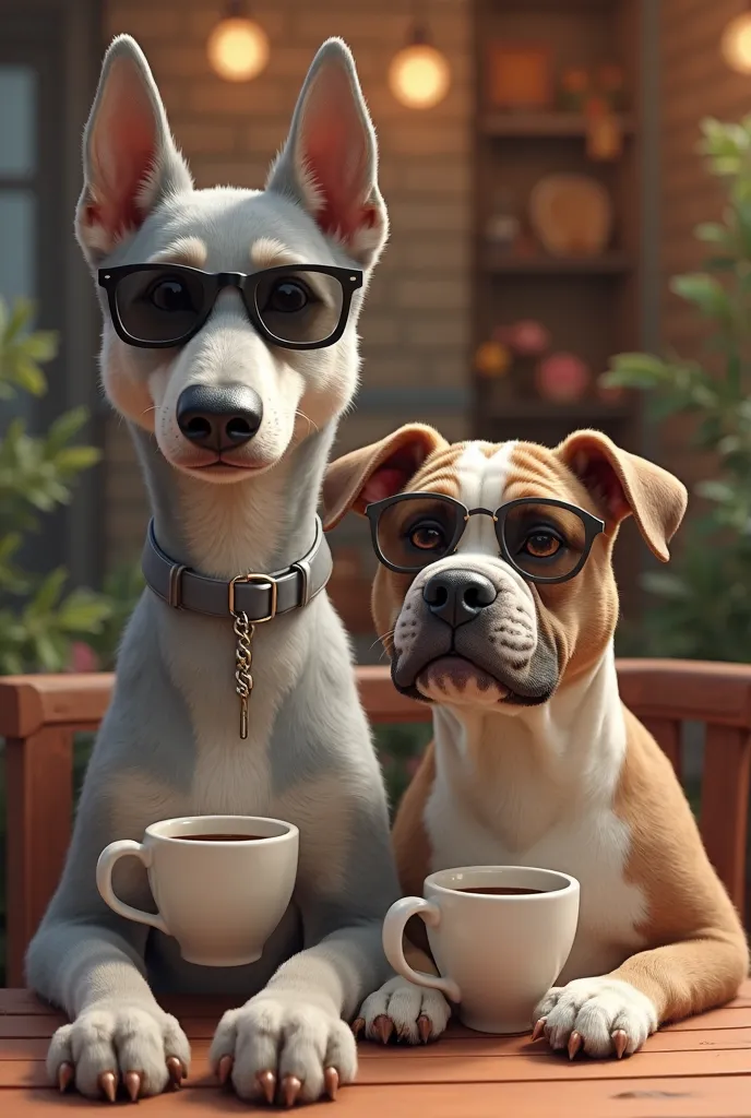 Create the image of a very thin German sheepdog with sunglasses and a brown and white pitbull with sunglasses, smaller than the German sheepdog, Both are drinking coffee