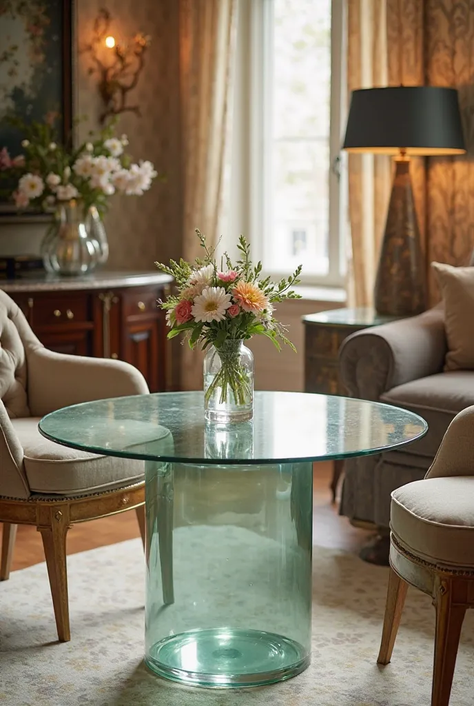 Glass round table against the background of a beautiful aesthetic room 