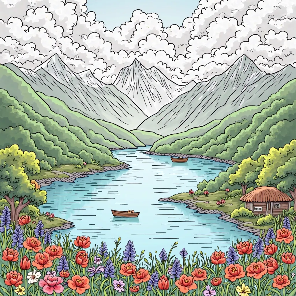 COLORING IS JUST OUTLINES for coloring, not a color picture. A beautiful landscape of nature (green mountains, clouds, a lake with boats on it, lots of flowers, trees with leaves of different colors) to assemble the puzzles