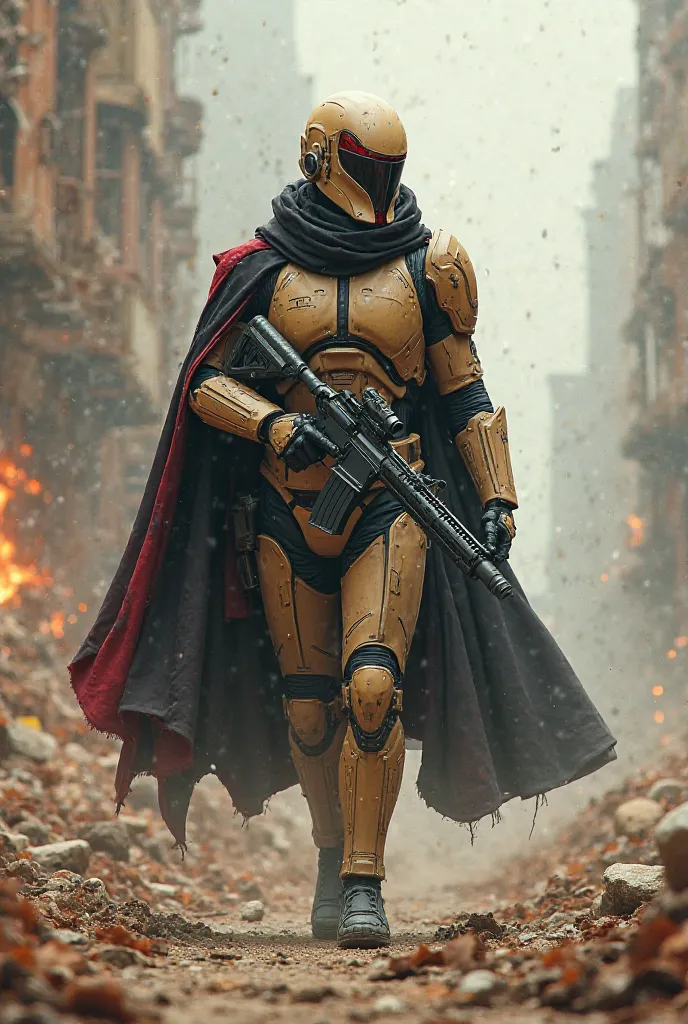 Futuristic soldier with mandalorian like helmet, armor colour beige with Red profile, wears a black cloak with Red profile, has a futuristic rifle in hand, walking toward and looking on the right in a destroyed city landscape