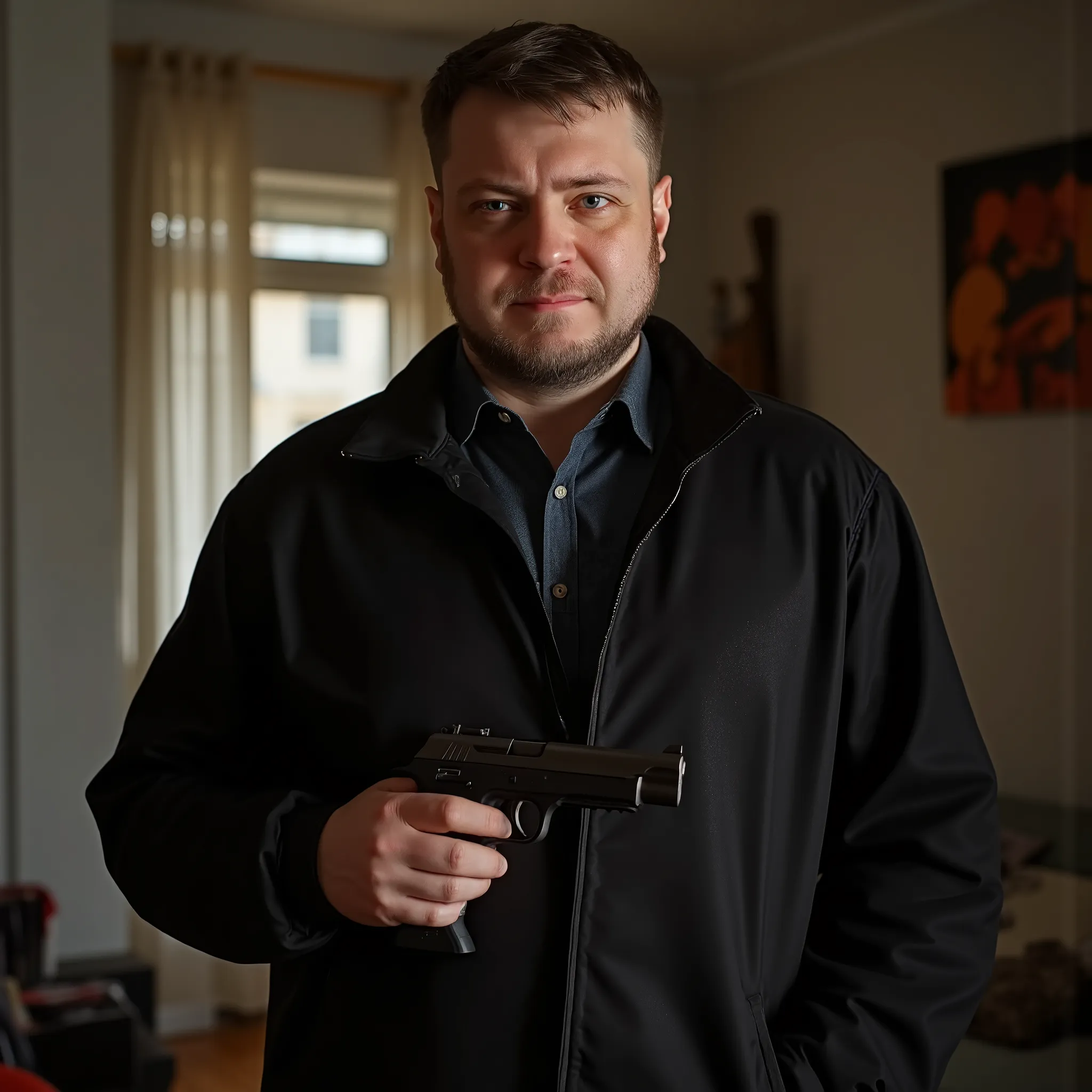 man 40 years old ozon671games, black jacket, standing, male focus, soviet room, living room, holding a pistol