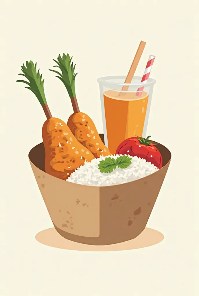 create a graphic logo food bowl in a paper bowl cups that includes rice chicken pops and a drink beside for a business logo