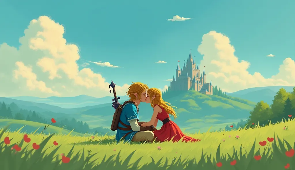 Make me a Zelda and a Link from Breath of the Wild adult version hugging and kissing each other super thin and adorable sitting next to Zelda in the middle of a plain that has wind effects, May the trees and clouds look good and that you see the castle in ...