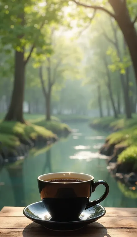 A black cup of black coffee at the beautiful place, in garden, river, some tree and birds