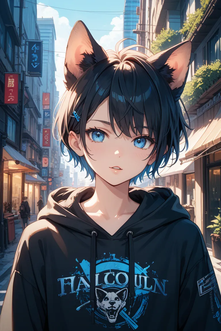 black hair mash
Face-based
The black hoodie with blue lines has dog ears
The tips of my nails are sharp and I'm doing blue nails
Blue-eyed, round almond-shaped man