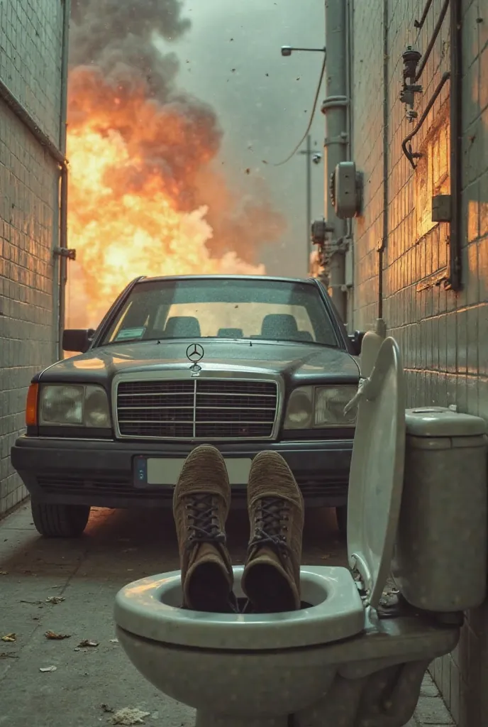 Mercedes w124 with foots  sitting on a toilet watching a explosion 