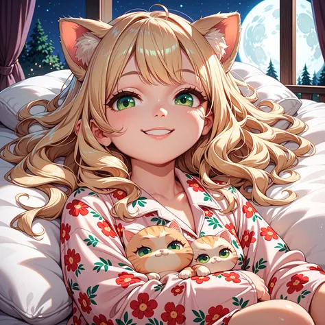 night,closeup shot,round face,evil smiling,girl:1,Shining Green Eyes,beautiful skin,Floral pajamas,blonde long-haired toddler with blond cat ears,Both ears are hidden by hair,I sleep on a king size bed