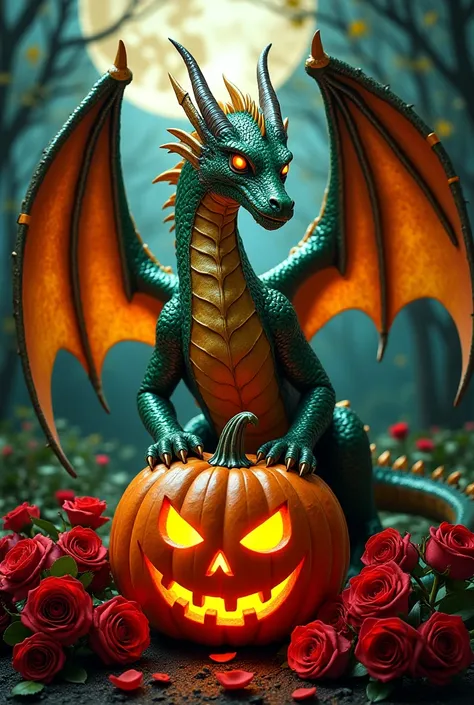 A European dragon with a pumpkin and roses