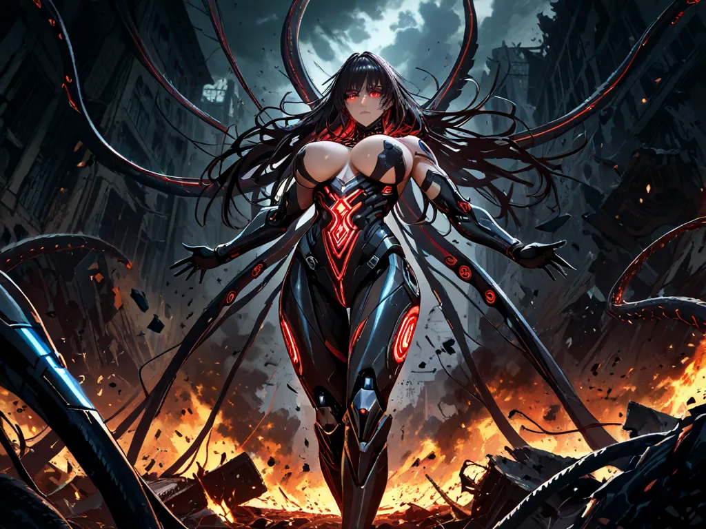 Create a highly detailed anime-style artwork of a powerful naked female techno-parasite in berserk mode, blending raw strength and biomechanical elements into a terrifying yet striking design. She is completely nude, with a muscular and robust body, large ...