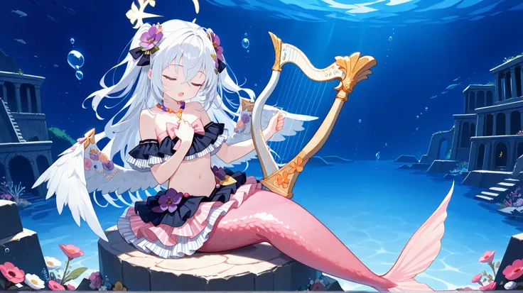 azusa \(blue archive\), 1girl 1other alternate_costume, angel_wings, bare_shoulders, blush, collarbone, feathered_wings, flower, hair_between_eyes, halo, long_hair, looking_at_viewer, small_breasts, pink_flower, pink_rose, purple_eyes, rose, solo_focus, ve...