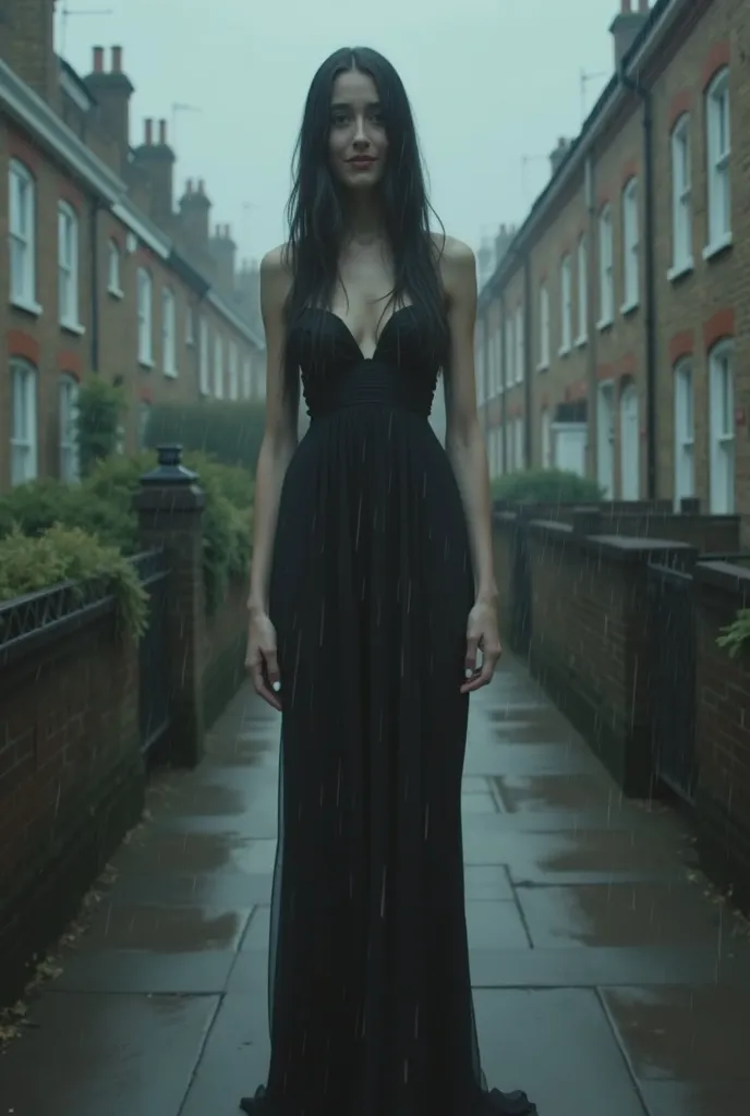 A tall women who looks like human , long leg's, abnormal  height  of 13 feet , very thin , black hair , stands in the heavy rain , it possess a wode mouth and smiles  at the camera,  dull mood , light  colours,  horror , background  house's are in 1800s Lo...