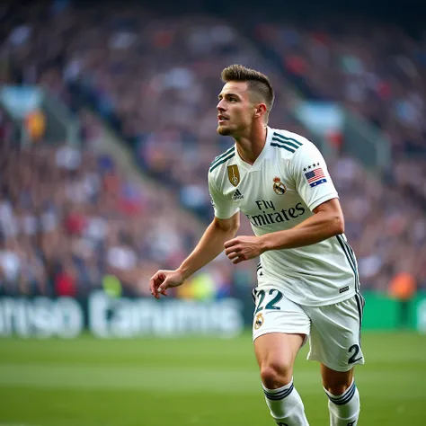 man, athletic body  , blue eyes,  athletic body jugando al fútbol en el Santiago Bernabeu, Real Madrid uniform,  number 22 , Celebrating a goal kissing the shield