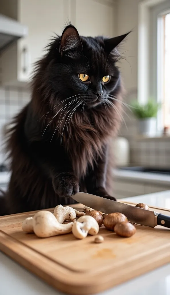 A fluffy black cat standing on a kitchen counter, carefully using a knife to slice shiitake and button mushrooms on a cutting board. The kitchen is bright and organized, with the cat focused on the task. Its fluffy fur is soft and the cat’s eyes are intent...