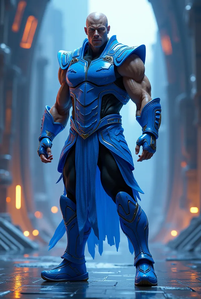 Create a model of a hero, an imposing, muscular, futuristic setting uses a blue Mortal Kombat costume.