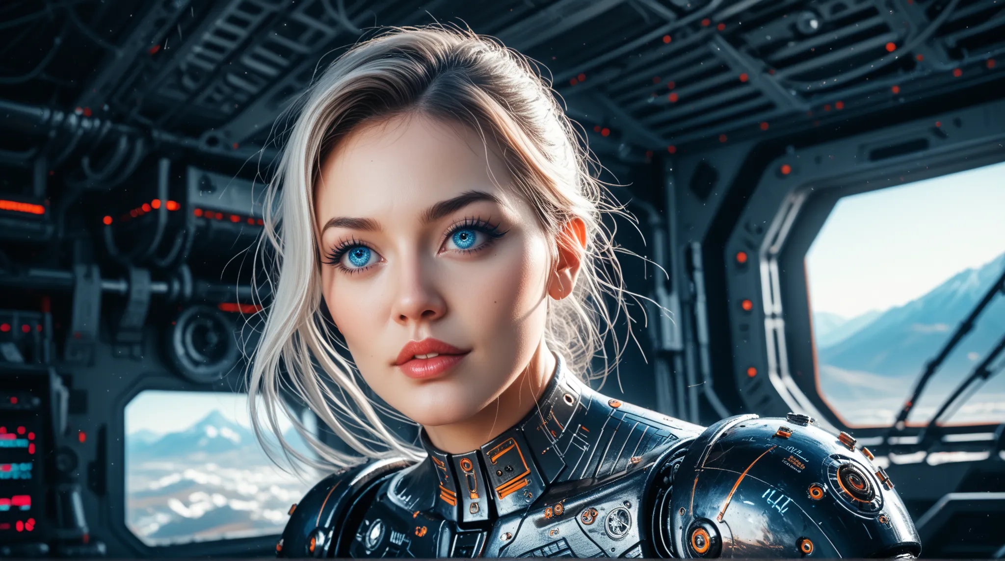  realistic image .  details, runs away from the mountain High quality,  realism; symbiosis of a woman with a spaceship seat. A woman as a continuation of the ship; cybernetic tubes,  cybernetic eyes , Salma Hayek Face, synthetic hair; control devices,  syn...