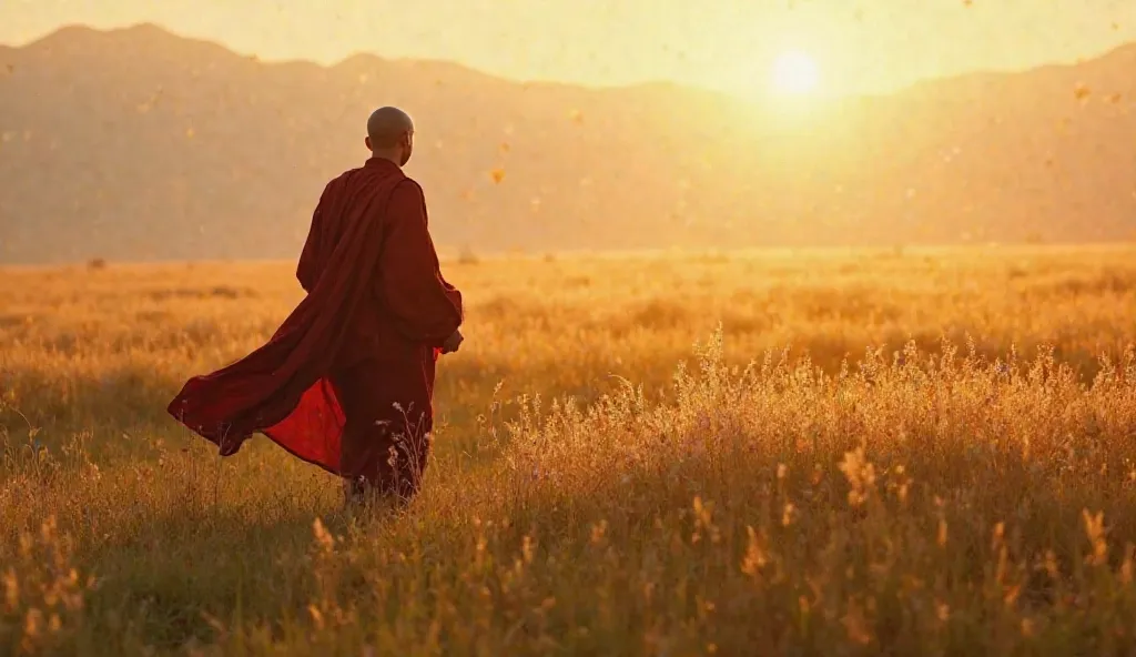 "A calm, reflective scene of a monk walking through a field of tall grass, the soft golden light of the sunset reflecting off the grass. The monk’s robe flows gently with the breeze, symbolizing mindfulness in every step."


