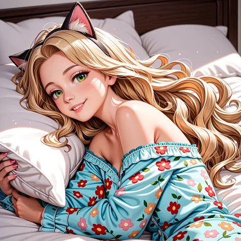 Both ears are hidden by hair,night,closeup shot,round face,evil smiling,girl:1,Shining Green Eyes,beautiful skin,Floral pajamas,blonde long-haired toddler with blond cat ears,Sleep on a king-size bed