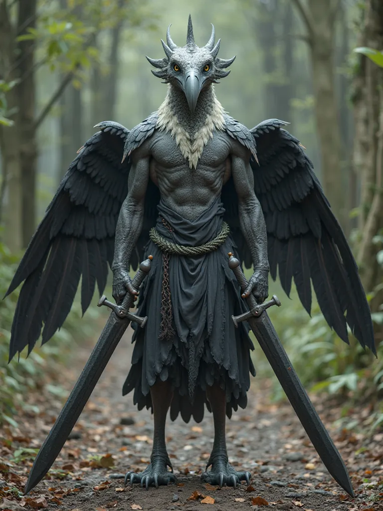 A person with a human body, with a bird's head, a gray beak, a pointed horn in the middle of one head, yellow eyes, black wings closed, neck to body, black-white plumage, legs like a large bird, three toes of charcoal color, holding two black swords in his...