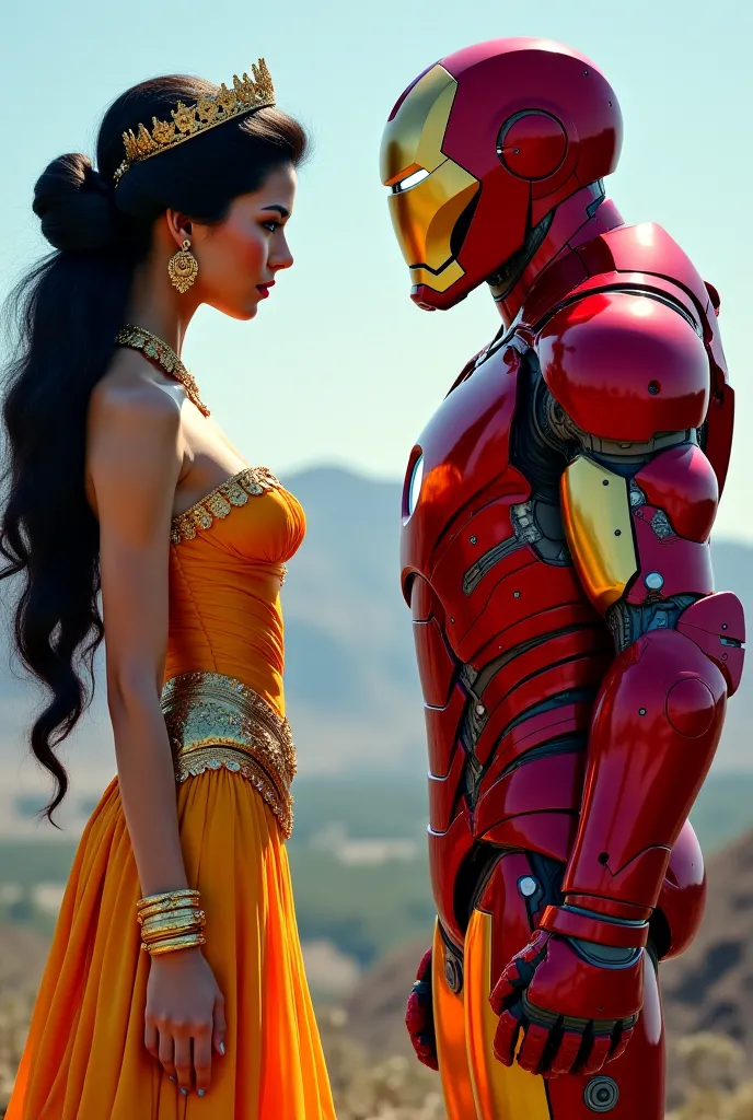 Realistic depiction of an exotic creation with a graceful, slender silhouette inspired by 'Jasmine' and Iron Man in full armor, both facing each other in side profile, istote w konfrontacyjnej pozie. Both are in registered, zarejestrowanym do ujawnienia go...