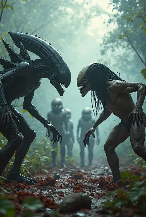 create an image showing a bloody fight between a xenomorphic alien and a predator, in a foggy rainforest and in the background you can see 5 other aliens and 5 predators watching the fight, as realistic as possible.