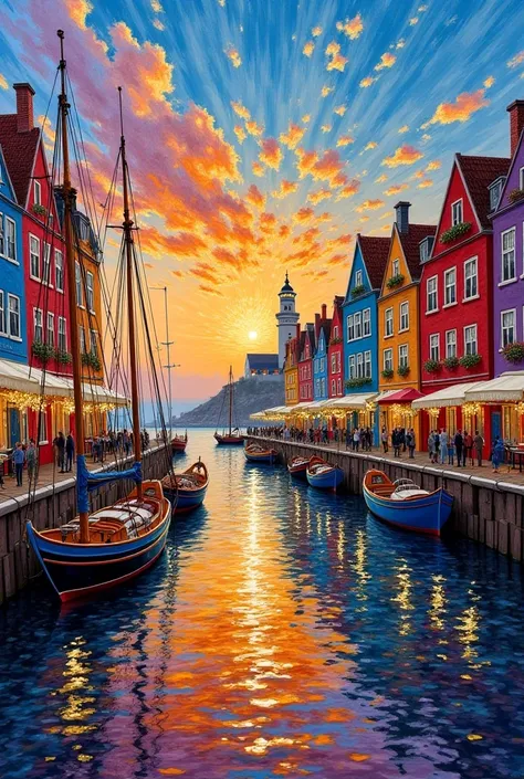 Enter the textured world of a relief oil Painting that transcends time, The sun shines like a warm flame on wet cobblestones Hit、鑑賞者をtake a walk around the harborように誘う. technique. Imagine a harbor where colorful antique fishing boats are slowly proceeding ...