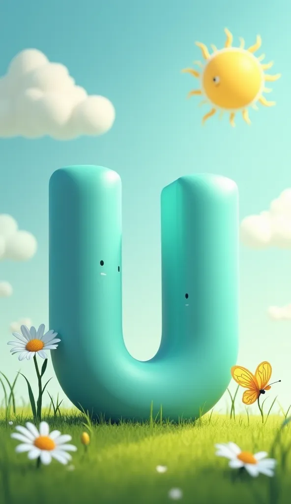 A highly detailed 3D render of a cute aquamarine colored, oversized 3D letter U sits in a grassy field standing next to a daisy plant and a ulysses butterlfly flitting around and a big beautiful cartoon sun and fluffy clouds float above.