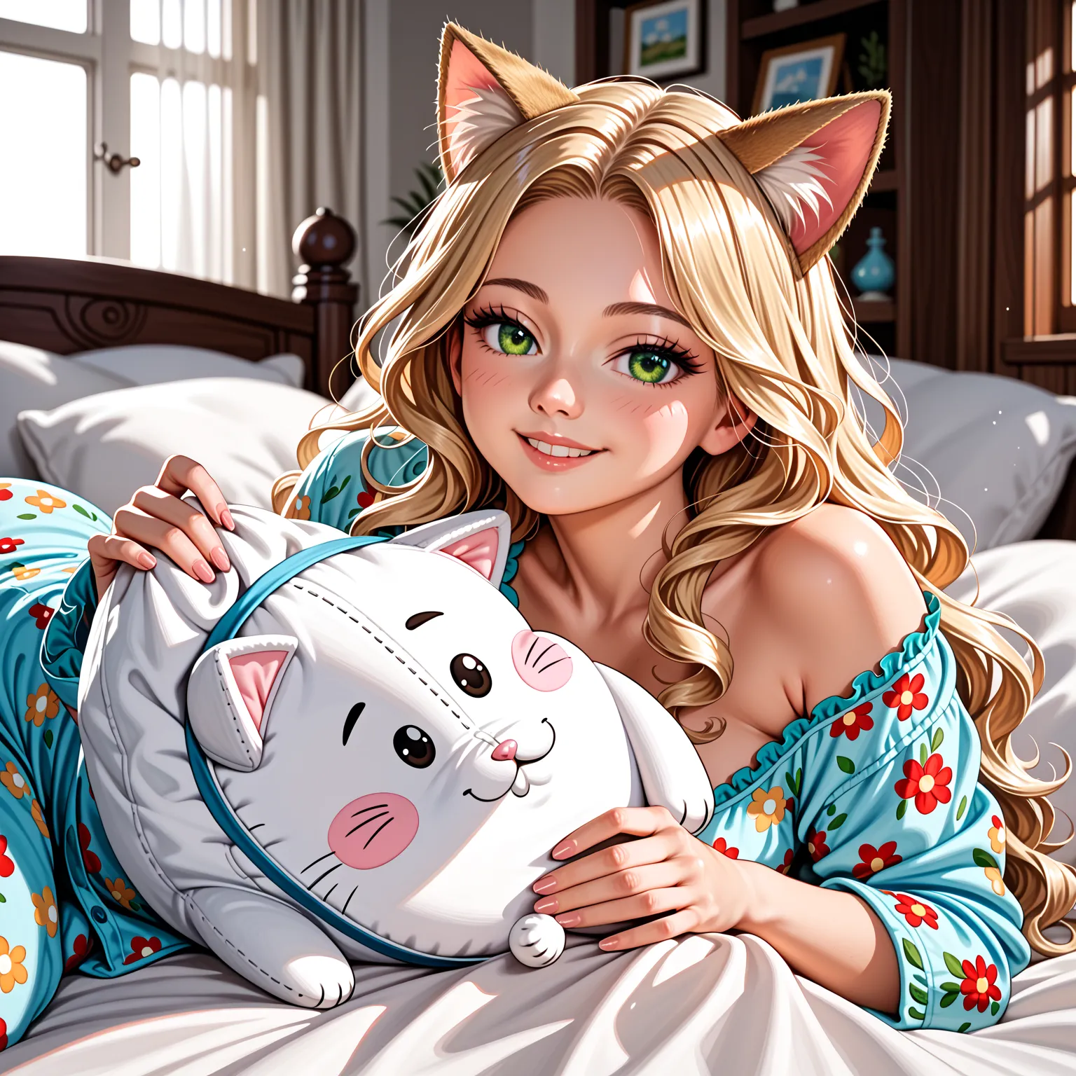 Both ears are hidden by hair,night,closeup shot,round face,evil smiling,girl:1,Shining Green Eyes,beautiful skin,Floral pajamas,blonde long-haired toddler with blond cat ears,Sleep on a king-size bed